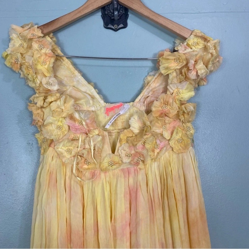 Free‎ People Mango Mambo Maxi Dress Floral Applique 3D Yellow Medium FLAWED - Picture 3 of 11